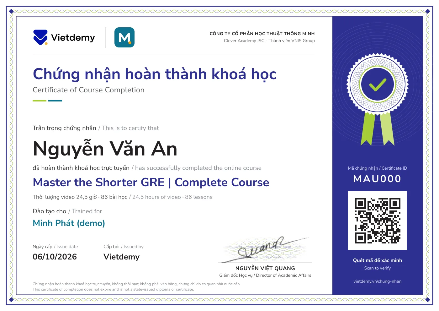 Chứng nhận hoàn thành đồng thương hiệu mẫu: logo Vietdemy và logo doanh nghiệp, dòng Đào tạo cho tên doanh nghiệp, mã chứng nhận và mã QR xác minh