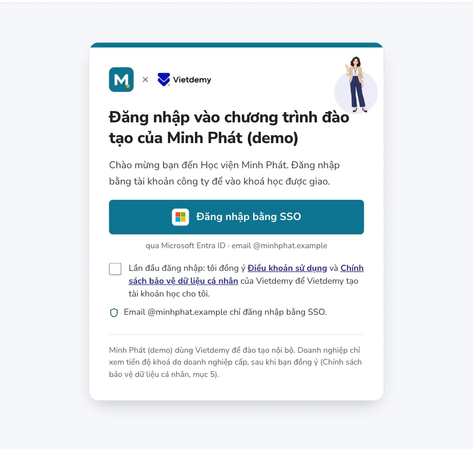 Trang đăng nhập riêng mang logo công ty cạnh Vietdemy, lời chào và nút Đăng nhập bằng SSO
