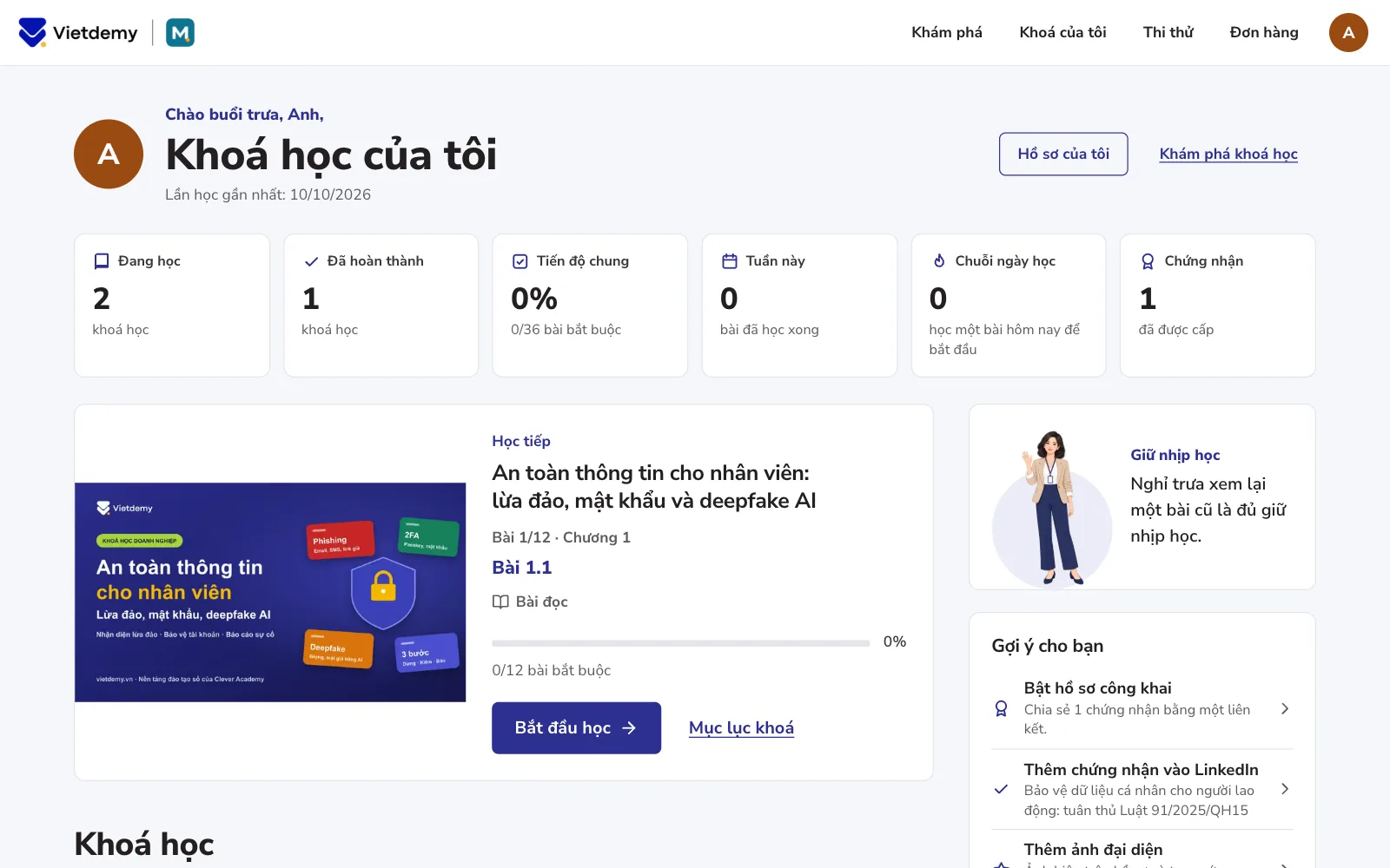Trang Khoá học của tôi của nhân viên: logo công ty hiện cạnh logo Vietdemy trên thanh trên