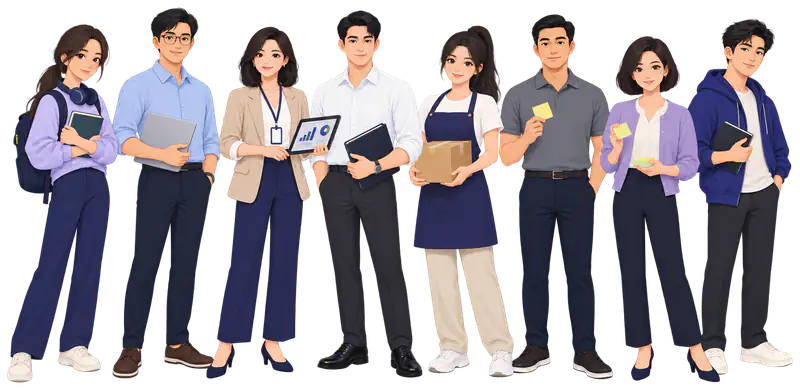 Minh hoạ tám người học đứng thành hàng: sinh viên luyện thi đeo balo ôm sổ, chuyên viên văn phòng cầm máy tính xách tay, trưởng phòng nhân sự cầm máy tính bảng có biểu đồ, kế toán ôm bìa hồ sơ, chủ shop online ôm hộp hàng, quản lý cầm giấy ghi chú, chuyên viên phân tích dữ liệu cầm giấy ghi chú, người đi làm ôn CFA ôm sổ